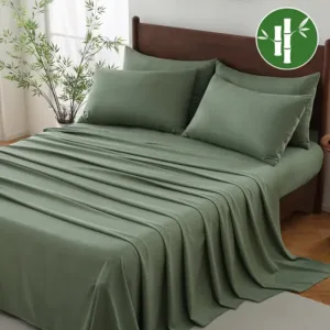 Olive green bamboo fiber six-piece bedding set on a queen bed, silky soft and breathable